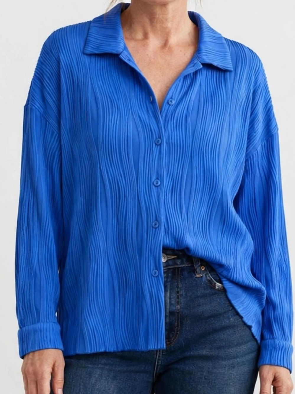 PrettyGarden Royal Blue Wavy Pleated Button Down Shirt XL - NWT Textured Plisse